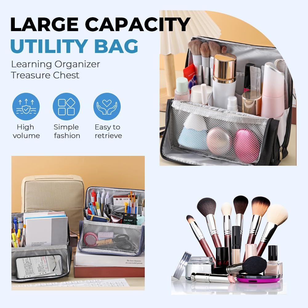 Standing Makeup Bag, 2025 New Multi-Purpose Large Capacity Oxford Cloth Standing Makeup Bag,Portable Toiletry Bag and Stationery Storage Organizer with Compartments (Grey)