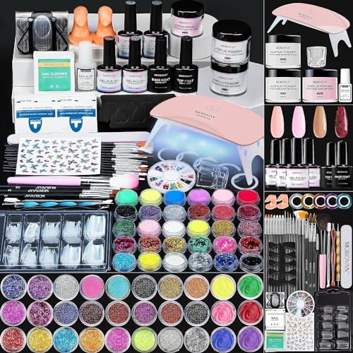 Morovan Acrylic Nail Kit for Beginners with UV Lamp - 73P Professional Gel and Glitter Set for Home Salon
