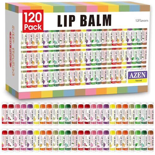 AZEN 120 Pack Lip Balm Bulk Set - 12 Flavors Moisturizing Lip Balms with Natural Ingredients - D-120