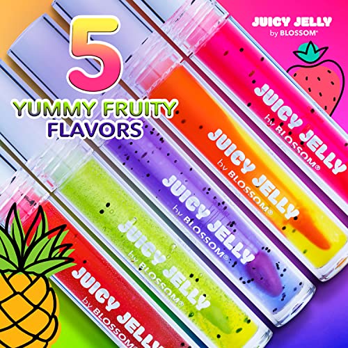 Blossom Juicy Jelly Moisturizing Lip Care Fruit Flavored Nourishing Lip Oil with Doe Foot Wand Applicator, 0.45fl oz, 5 Pack Bundle