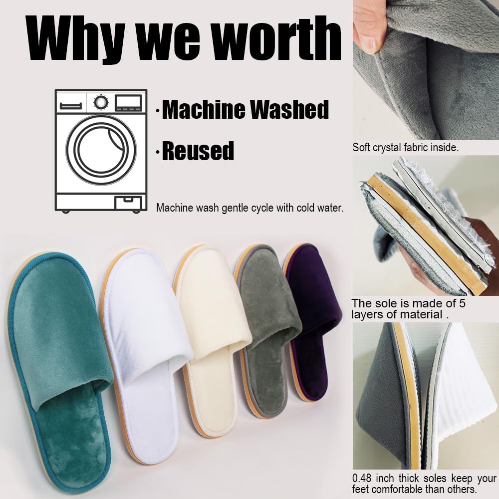 Non-Slip Disposable Slippers - 2-6 Pairs, Washable Velvet Closed Toe for Guests, Hotel & Spa