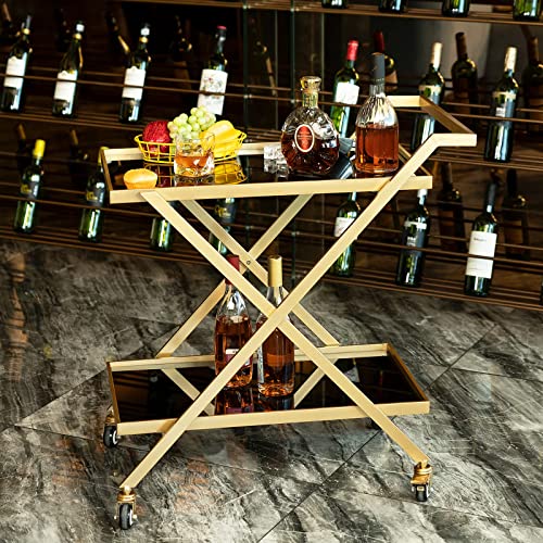 Crofy Gold Finish Bar Cart on Wheels with Tempered Glass Shelves - 2-Tier Mobile Serving Cart for Home & Bar