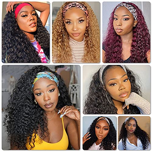 Black 20 Inch Curly Human Hair Headband Wig - Glueless, Wet Wavy, for Black Women