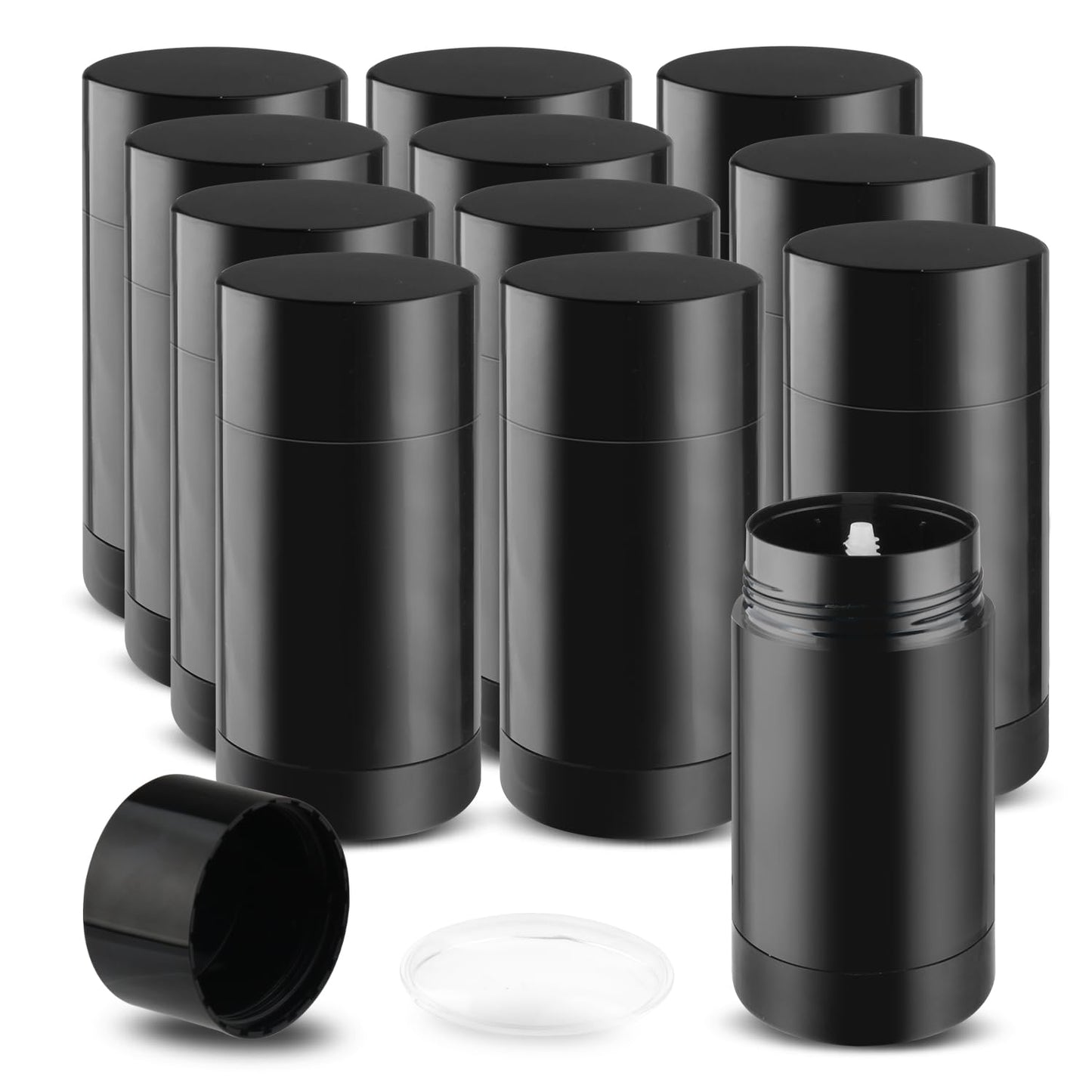 DMuuuDM 12 Pack 2.5 oz/75ml Plastic Deodorant Container,Empty Round Twist-Up Bottom Filling Stick Tube for Deodorant,Solid Lotion Bar,Body Balm,Soap Stick,Sunscreen-UPSIDE DOWN FILLING (Black)