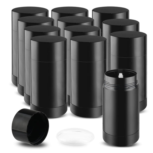 DMuuuDM 12 Pack 2.5 oz/75ml Plastic Deodorant Container,Empty Round Twist-Up Bottom Filling Stick Tube for Deodorant,Solid Lotion Bar,Body Balm,Soap Stick,Sunscreen-UPSIDE DOWN FILLING (Black)