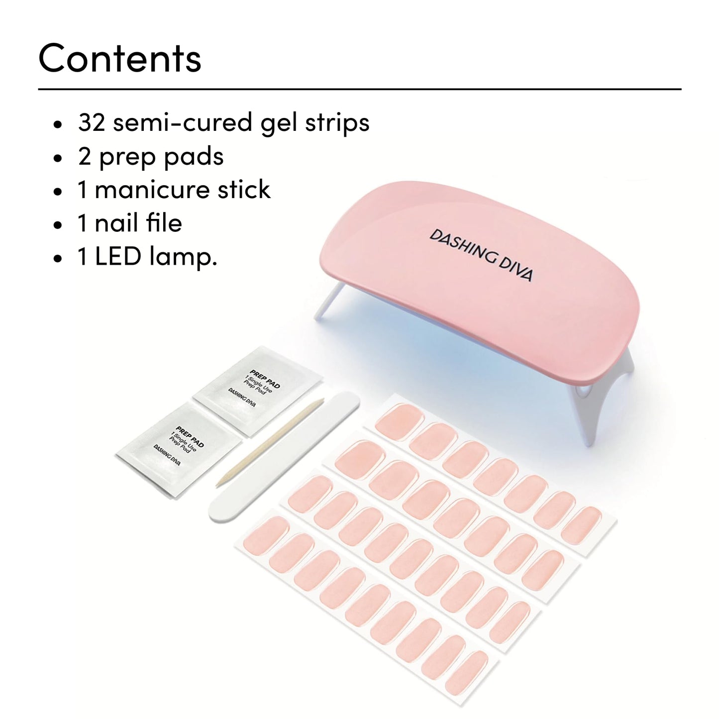 Dashing Diva Glaze Nail Starter Kit - Pale Blush - Long Lasting, Chip Resistant, Semi-Cured Gel Nail Strips - 7-Piece Manicure Set with 32 Strips and Mini LED Lamp