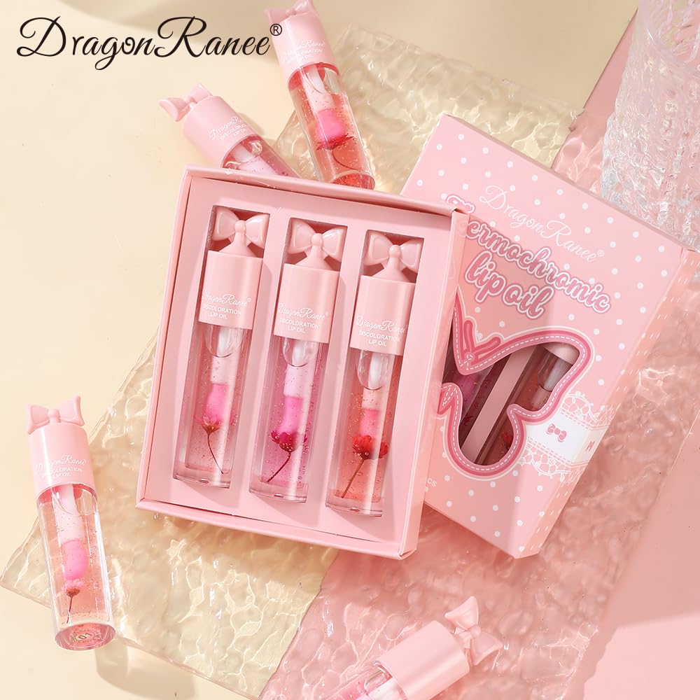 3Pcs Color Changing Lip Oil Set with Flowers & Gold Foil – pH Thermochromic Mood Lip Gloss, Hydrating Magic Lipstick, Long Lasting Moisture Tint Balm, Clear to Pink Color Shift Lipgloss for Women