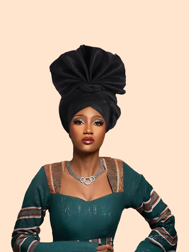 African Auto Gele Head Wrap Turban Cap for Weddings - 100% Raw Silk, Burgundy