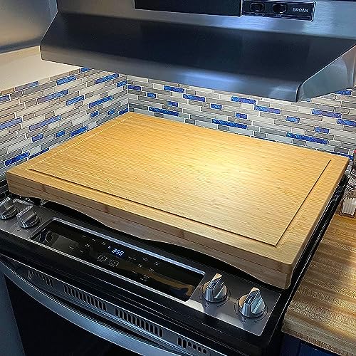 Gas Stove Cover Board with Legs & Juice Grooves - Adjustable Bamboo Noodle Board for Kitchen & RV