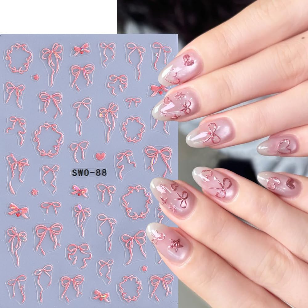 Bow Heart Star Nail Stickers for Nail Art Spring Butterfly Flower Nail Art Stickers Cute Summer Ice Cream Nail Decals 3D Colorful Strawberry Floral Self Adhesive Design Sticker for Women Girls 3PCS