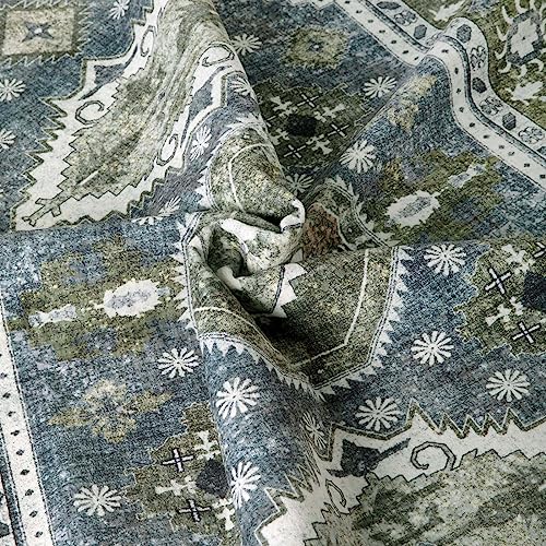 8'11" x 6' Green & Blue Boho Floral Washable Area Rug for Living Room - Vintage Distressed Non-Slip Carpet