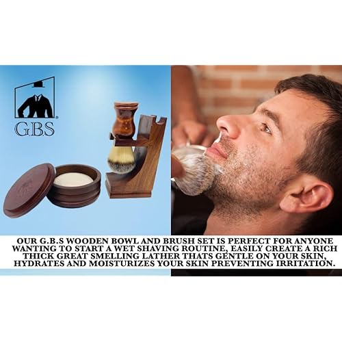 G.B.S GENTS Men's Wood Shaving Bowl & Shave Brush Set ? Premium Shaving Kit with Stand, Synthetic Shave Brush & Signature All Natural Soap ? Grooming Gift for Men,Wet Shaving Essentials
