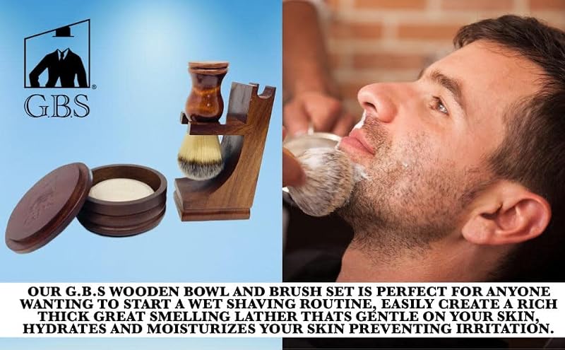 G.B.S GENTS Classic Wooden Shaving Set - Includes Brush, Stand & Soap Bowl (4-piece)