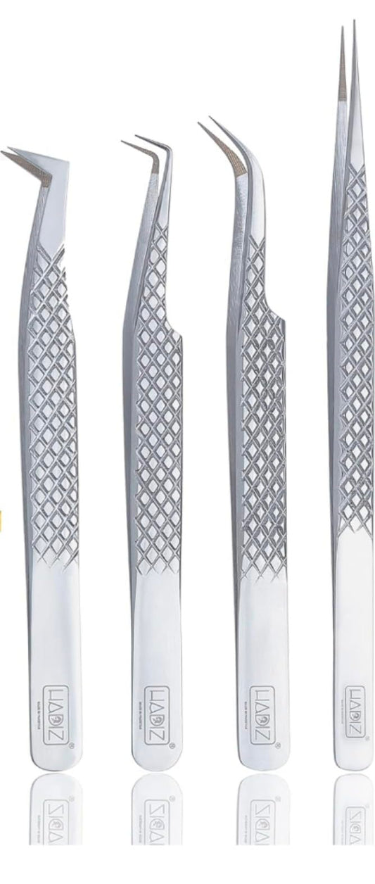 HADIZ Fiber Tip Lash Tweezers Set Of 4 Eyelash Extension Tweezer Professional Anti Slip Diamond Grip Japanese Steel