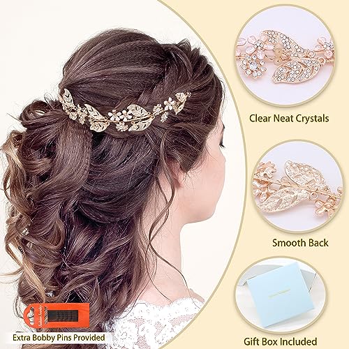 Rose Gold Wedding Headband with Flower Leaves Design Bridal Hair Vine