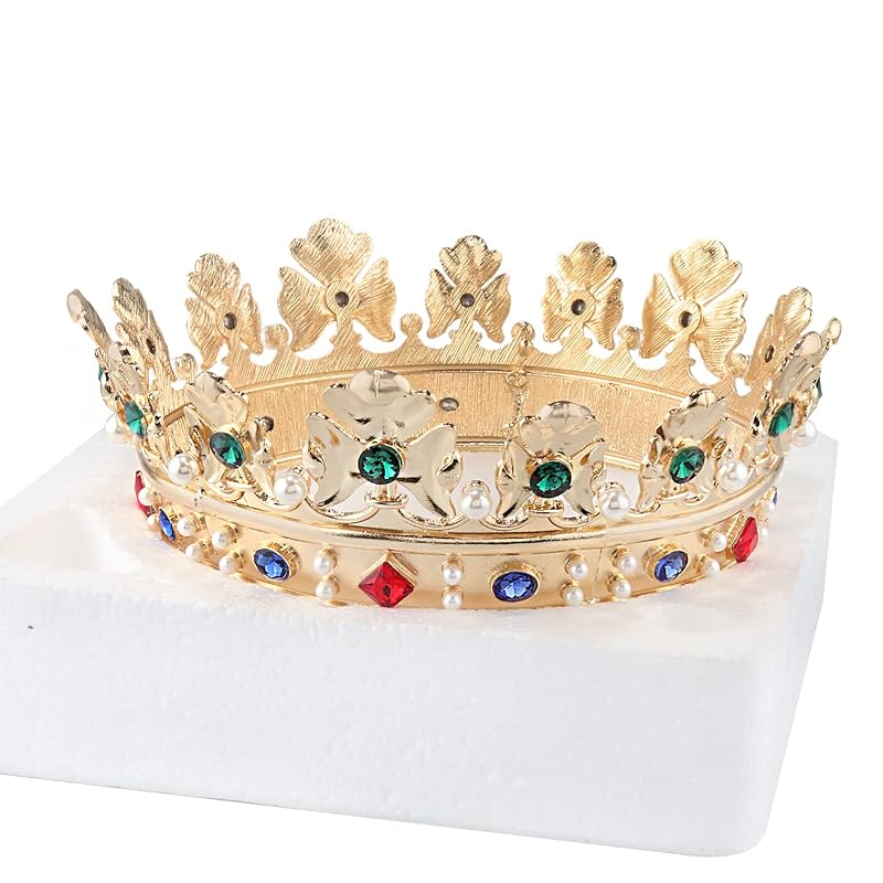 Baroque Royal Crown for Men - Gold Crown with Green Stone, Large 7.28 inch Diameter