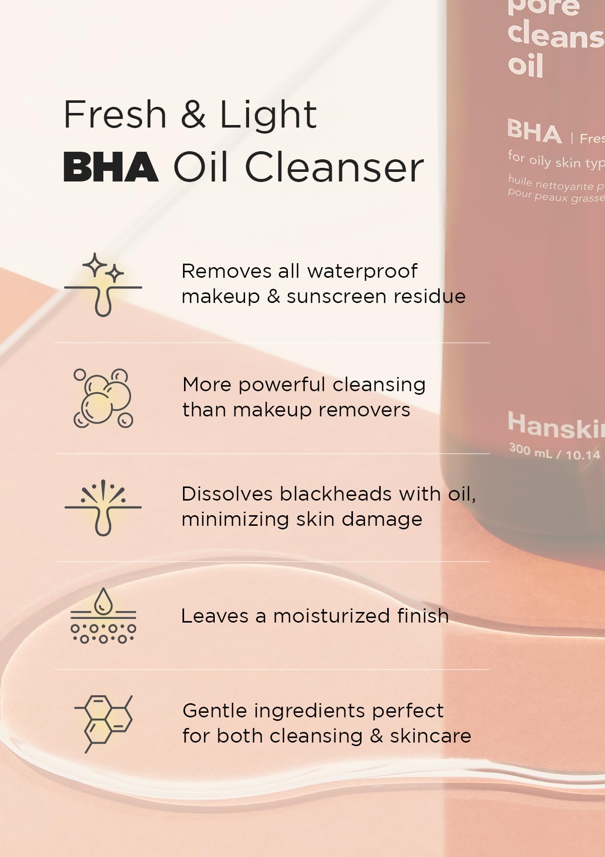 Hanskin BHA Pore Cleansing Oil, Gentle Blackhead Cleanser and Makeup Remover for Combination and Oily Skin, Korean Skincare [BHA/10.14 oz]