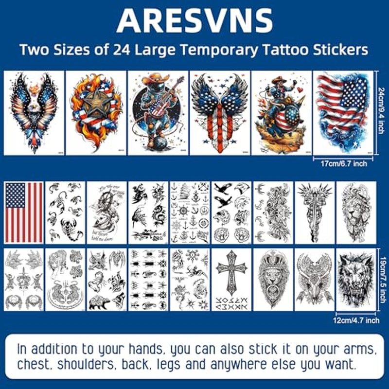 Aresvns 24 Sheets Temporary Tattoo for Adults,USA Eagle and Flag Device, 3D Military Lion Wolf Skull Totem Fake Tattoo, Fourth of July Memorial Day Labor Day Decorations Patriotic Tattoos