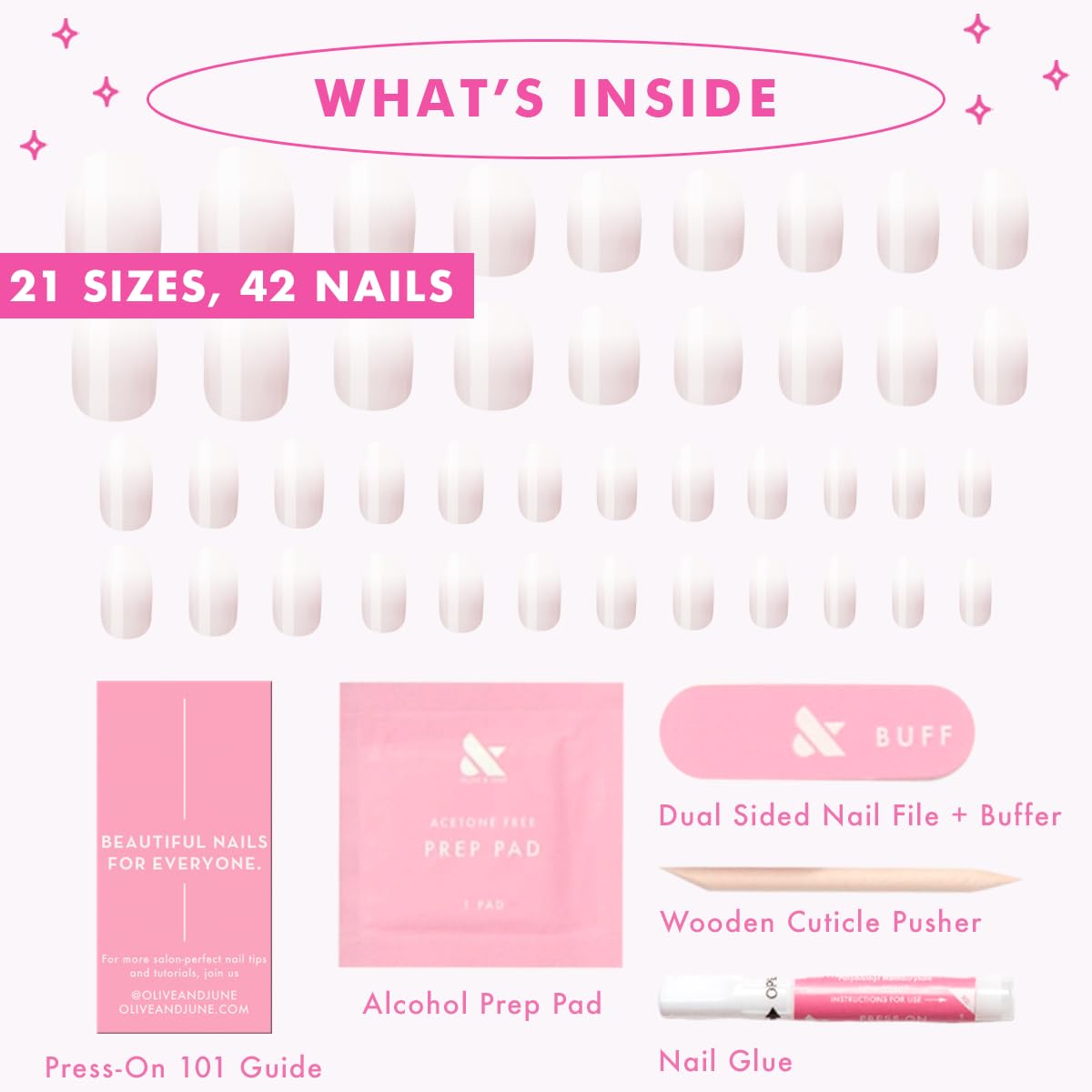 Olive & June Instant Mani Press On Nails (Glue) | Crisp White | Short, Round 42 Fake Nails, 21 Sizes Non-Toxic, Long-Lasting Recycled Materials Realistic Look | CCT Gradient