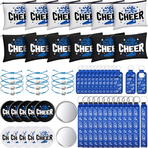 60 Pcs Cheerleader Gifts Bulk Cheer Team Gifts for Women with Cheerleader Cosmetic Bags Makeup Mirror Bracelets Lipstick Holder Keychains Lanyard Cheer Team Party Favors(Blue White)