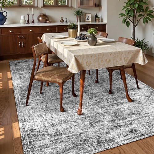 HIRUG 9' x 12' Washable Vintage Persian Area Rug - Foldable Non-Slip Carpet in Graphite and Mist