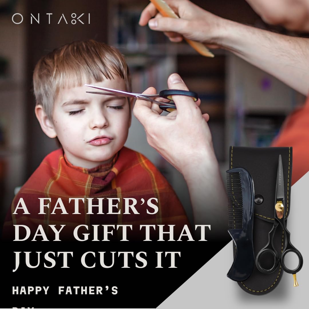 Ontaki Hair Scissors for Beard & Mustache - 5.5" 420C Japanese Steel, Silver, Right Hand - Hand-Forged Hair Cutting Scissors with Ergonomic Handles - Includes Beard Comb with Handle & PU Leather Pouch