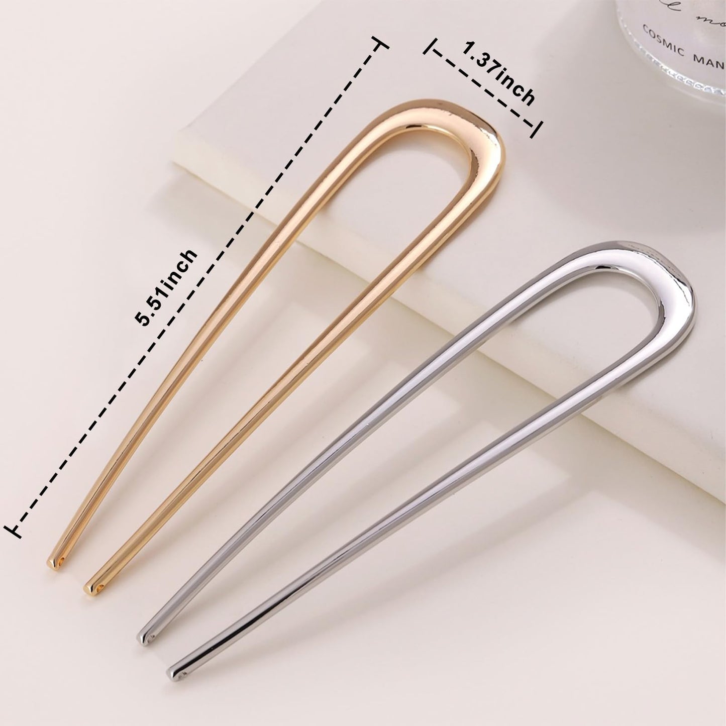 2Pcs French Hair Pins for Thick Hair, Metal French Twis Hair Pins for Women Girls, U-Shaped French Pin for Buns, 5.5 Inches Large French Pins Hairstyle Accessories (Silver, Gold)