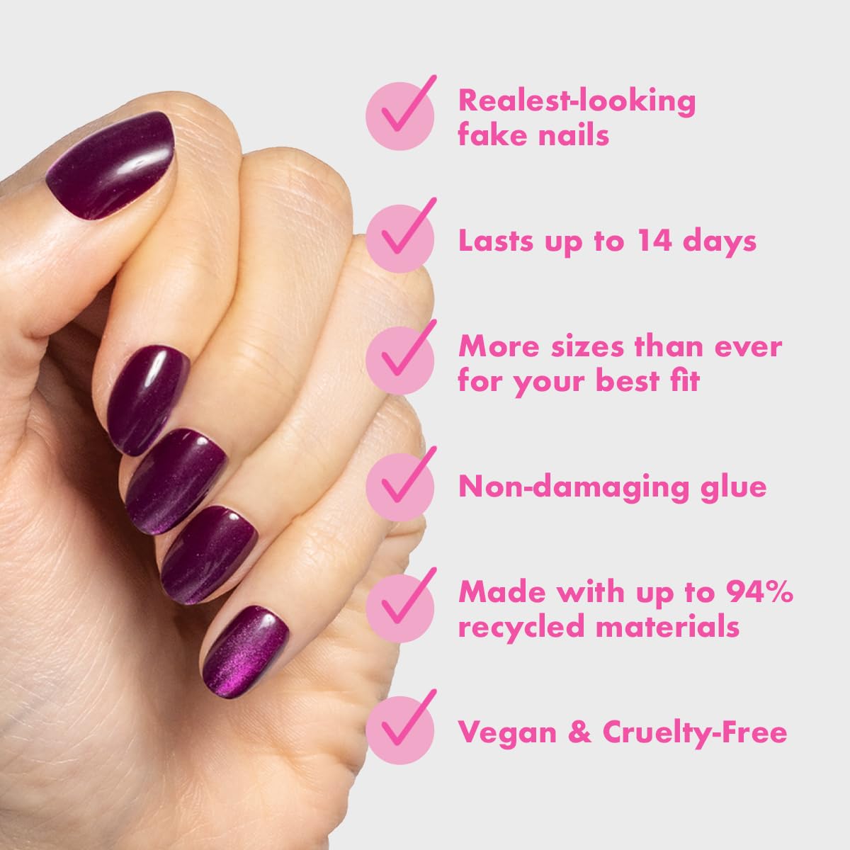 Olive & June Instant Mani Press On Nails (Glue) | Mulberry | XS, Round 42 Fake Nails, 21 Sizes Non-Toxic, Long-Lasting Recycled Materials Realistic Look | Plaza Velvet