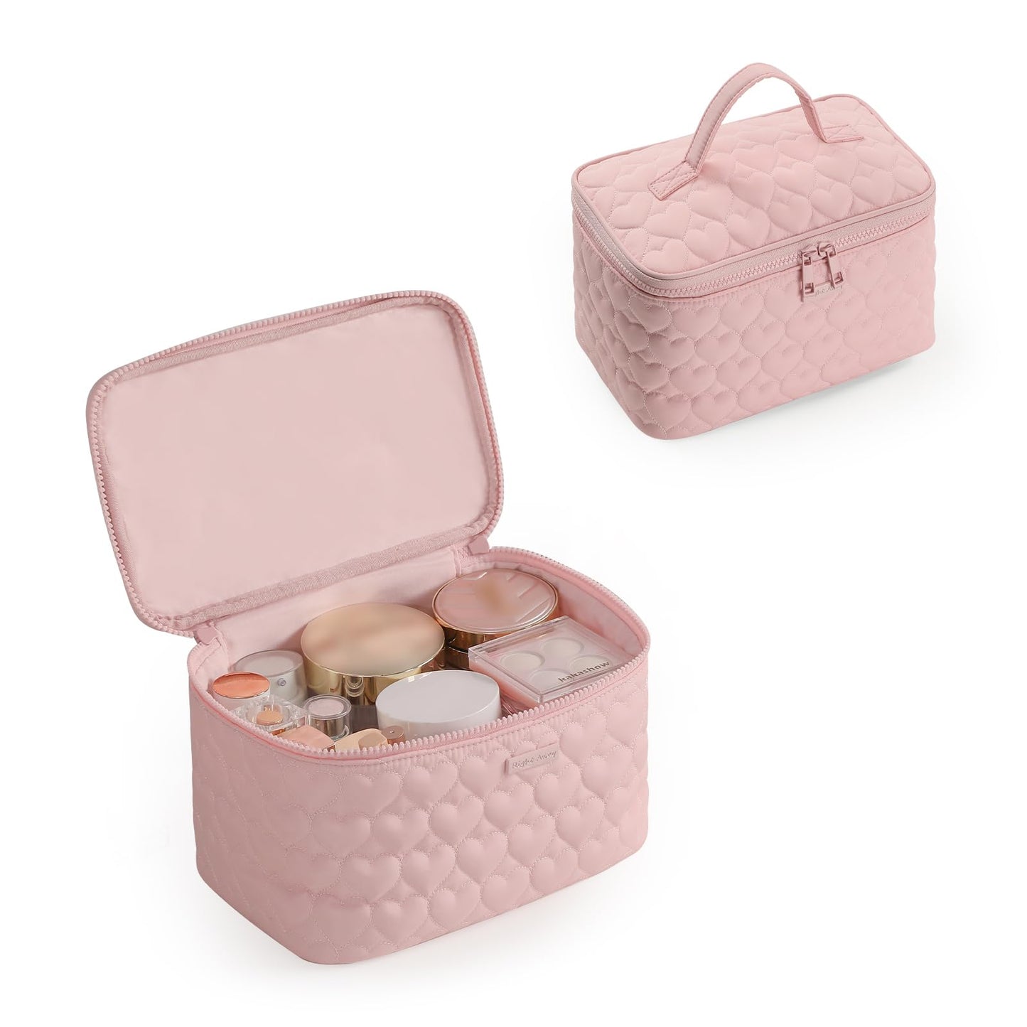 RIGHT AWAY Makeup Bag,Large Cosmetic Bags for Women Girls, Quilted Train Case Make Up Bag with Handle,Travel Makeup Case Organizer,Cute Toiletry Bag Vanity Bag(Pink)