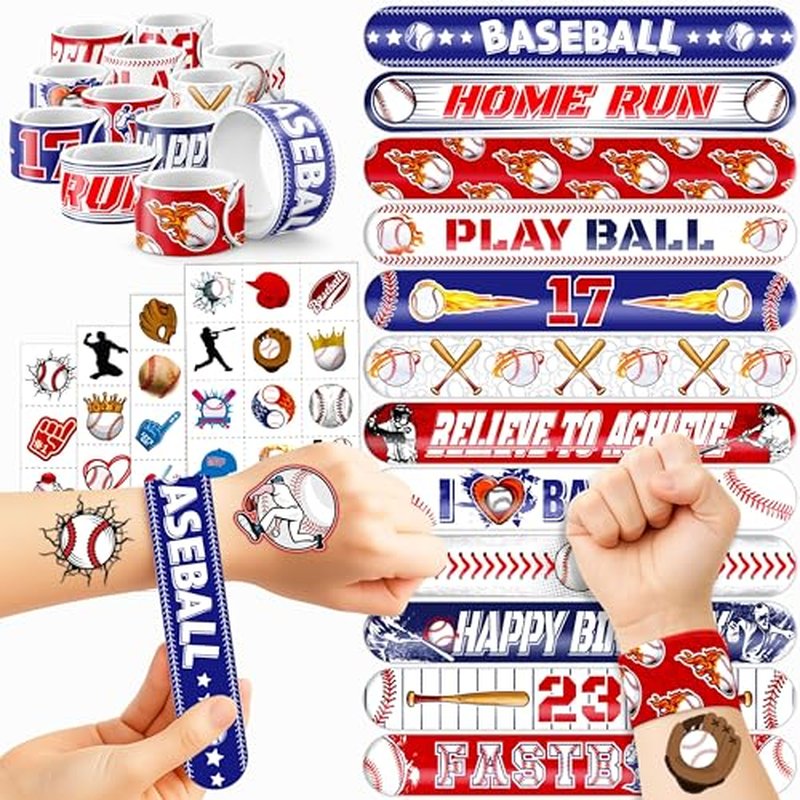 72PCS Baseball Party Set - 48PCS Temporary Pre - Cut Tattoos & 24PCS Slap Bracelets - Fun Sports-Themed Birthday Supplies, Baby Shower Gifts, Classroom Rewards & Party Decor for Kids (Boys & Girls)