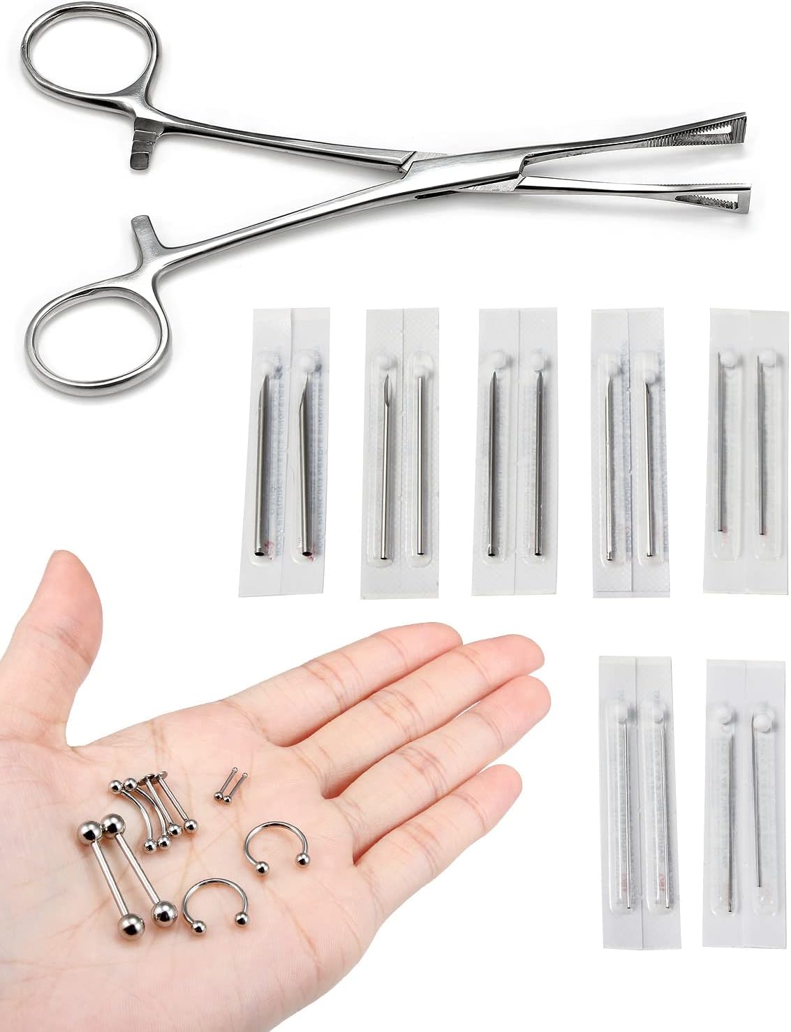 316L Surgical Steel Body Piercing Tools Kit - 9 Styles for Nose, Septum, Lip, Tongue & More