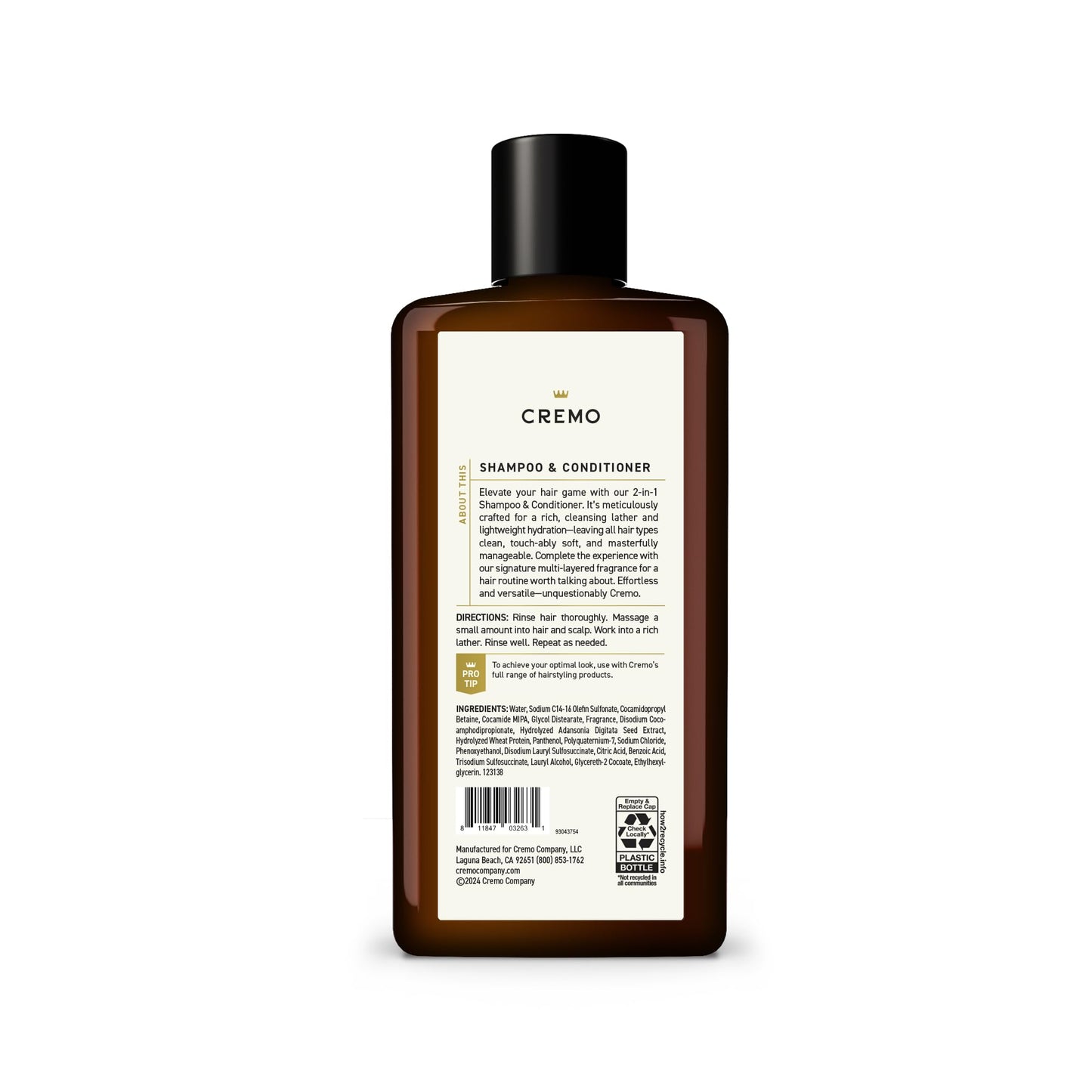 Cremo Bourbon & Oak 2 in 1 Shampoo & Conditioner for Men, A Sophisticated Blend of Distillers Spice, Fine Bourbon and White Oak, 16 Fl Oz