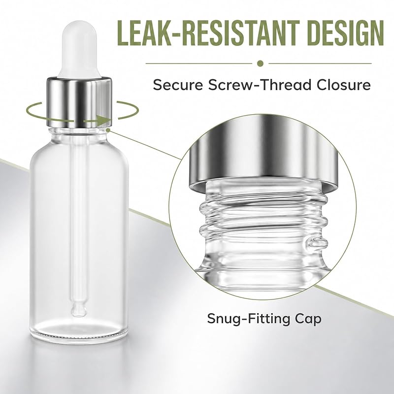 PrettyCare 24 Pack 1oz (30ml) Frosted Glass Eye Dropper Bottles with Leakproof Silver Caps, Labels & Funnels
