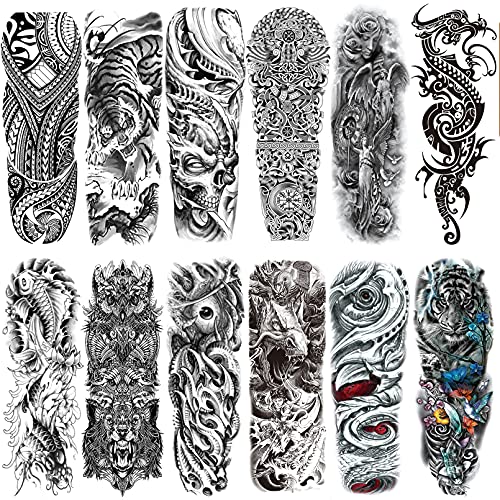 Halloween Full arm temporary tattoo,12sheets (L19¡°xW7¡±) Sleeve Tattoos temporary, Demon Fake Tattoos That Look Real, Tiger Dragon Koi Evil Eyes