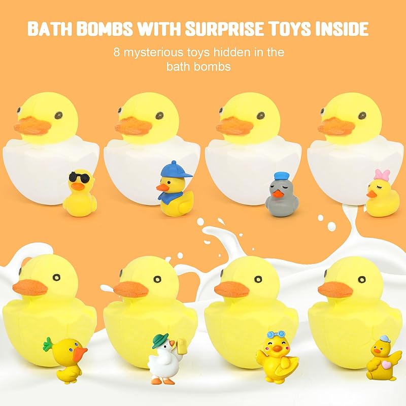 Duck Bath Bombs with Toys Inside - 8 Pack Organic Kids Bath Gift Set