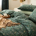 Queen Green Floral Jersey Knit Cotton Duvet Cover Set - Vintage Botanical Bedding