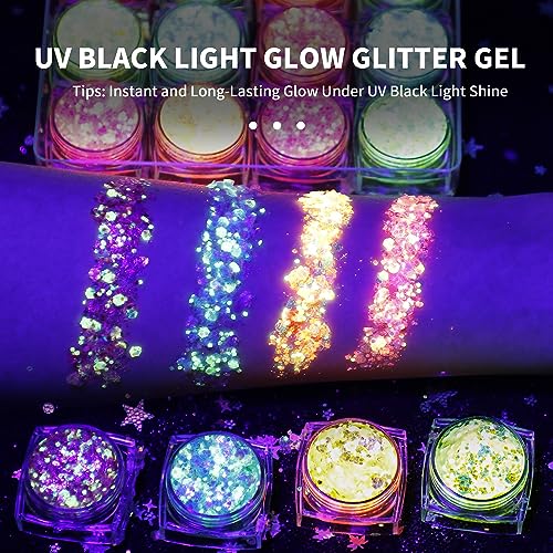 Glow in The Dark Body Face Glitter Gel for Women, 12 Colors Glitter Gel Makeup Chunky Fine Glitter, UV Black Light Accessories for Body/Face/Hair/Eyeshadow, Carnival Party(Not Loose Glitter)