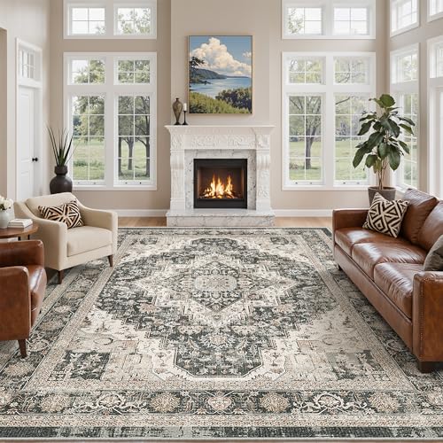 Washable Area Rug 8x10 Vintage Living Room Carpet - Black & Beige