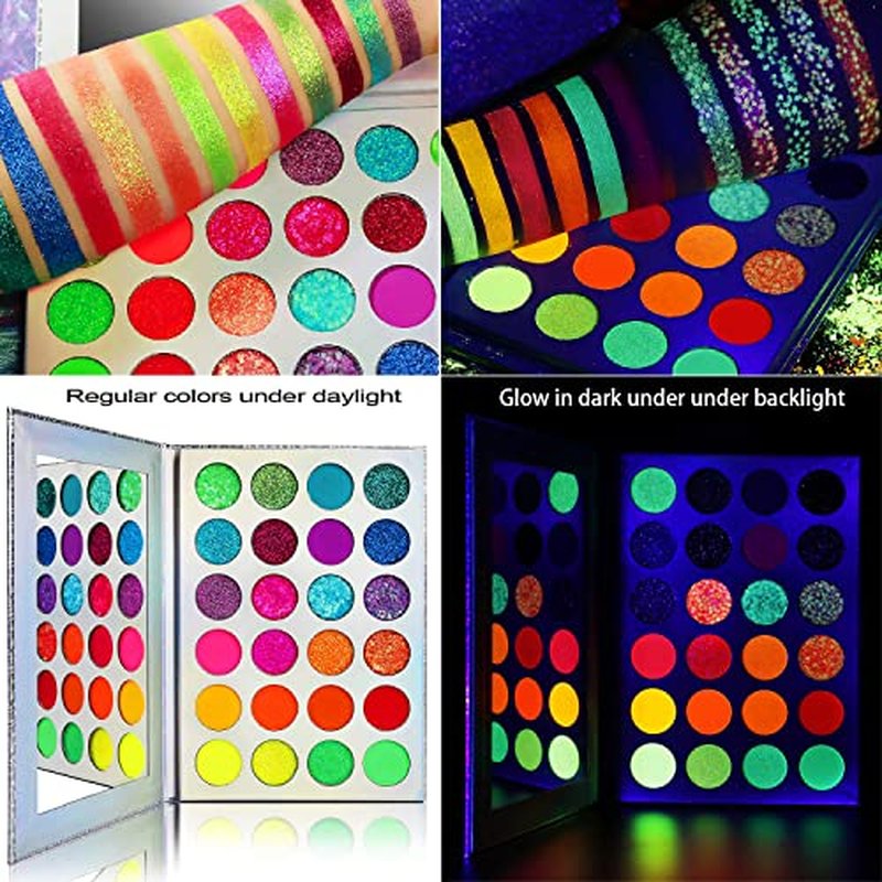 Afflano Neon Makeup Palette Eyeshadow, Glow in the Dark Colorful Eyeshadow Palette Highly Pigmented, Neon Party UV Blacklight Eye Shadow Pallet, Red Orange Pink Pressed Glitter Eyes Makeup Palette
