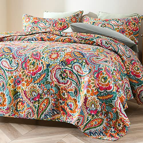 King Size Reversible Cotton Quilt Set with Floral Paisley Pattern - Yellow & Red Variation