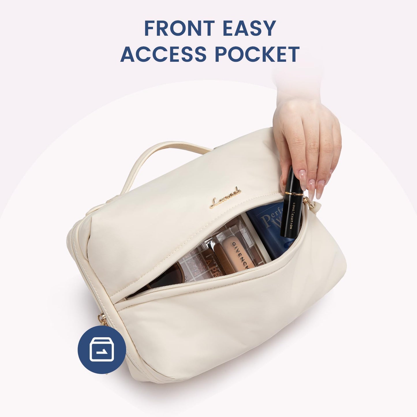 LOVEVOOK Travel Toiletry Bag With Hanging Hook for Women, Puffy Cosmetic Makeup Bag Organizer with Vegan Leather Handle for Accessories, Essentials, Toiletries, Off white