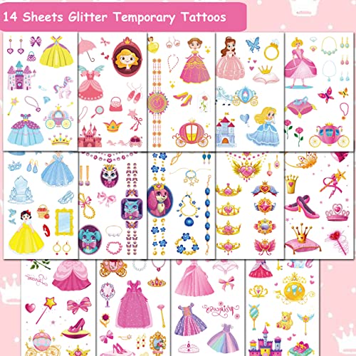 Glitter Temporary Tattoos for Girls - 14 Sheets Glitter Princess Tattoos for Girls Birthday Party Favors Goodie Bag Fillers