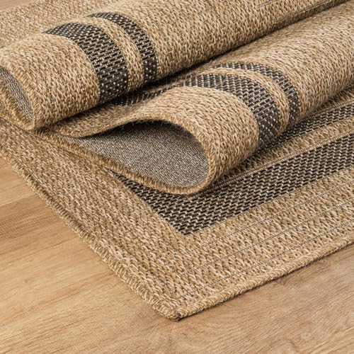 Bordered Natural Black 5x7 Indoor Outdoor Rug - Washable Durable Area Carpet
