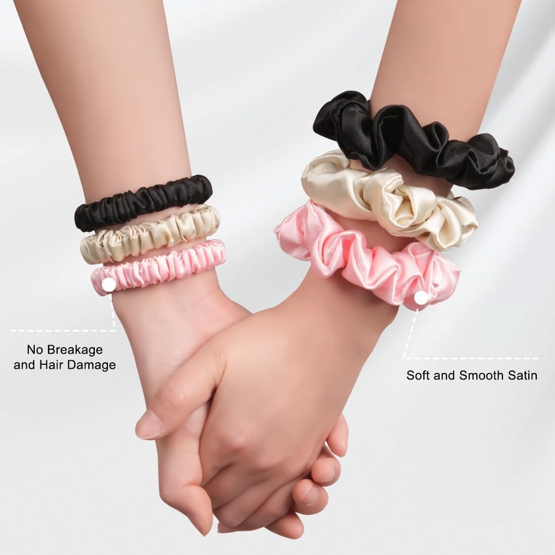 6Pcs Satin Silk Scrunchies for Women, Silk Hair Ties with Excellent Stretch, Large and Skinny Hair Ties No Damage, Satin Scrunchies for All Hairstyles (Champagne, Pink, Black)
