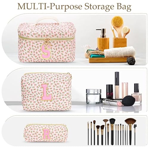 3 PCS Travel Makeup Bag Set,A-Z Initials Cotton Make up Bag Floral Quilted Cosmetic Bag for Girls and Women,Personalized Christmas Gifts,Cute Toiletry Travel Accessories Brushes Bags-E