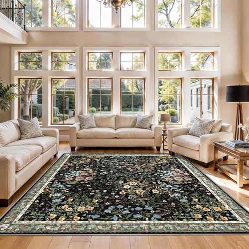 Black Square 7x7 ft Floral Area Rug - Non-Slip, Machine Washable, Indoor Carpet for Living Room Bedroom Office