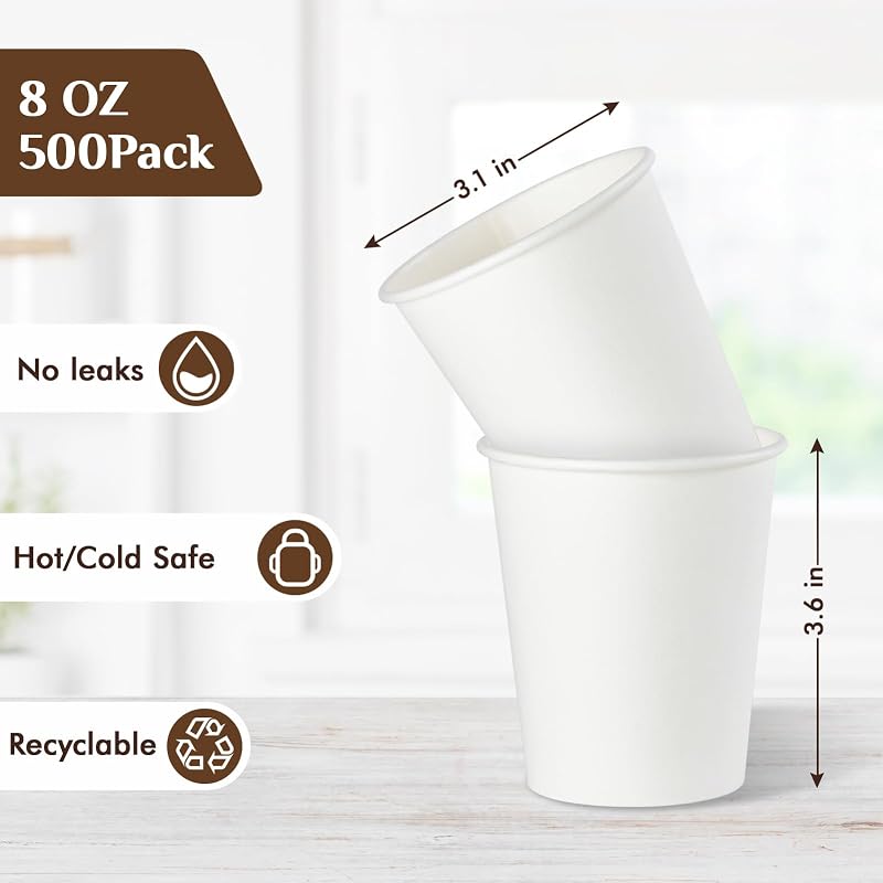 Vplus White 8 Oz Disposable Paper Coffee Cups with Lids - 500 Pack