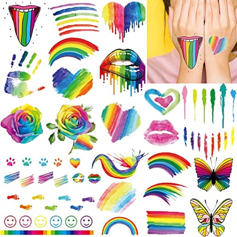 140PCS Colorful Temporary Tattoos - Rainbow Lips Butterfly Rose Heart Tattoo Body Stickers - Rainbow Pride Tattoos Pride Equality Parades Celebrations (9 Sheets)