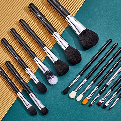 Jessup Makeup Brush Set 15 Pcs for Eyeshadow, Contour, Lip - Silver/Black