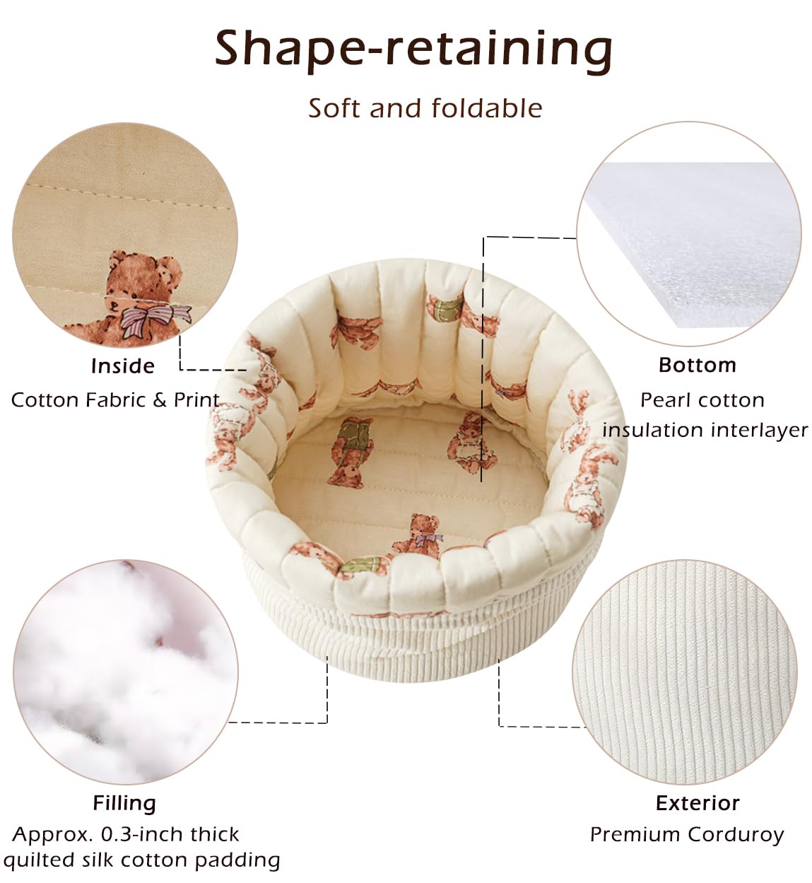 RSRSLEII Aesthetic Corduroy Drawstring Makeup Bag with Quilted Lining, Coquette Quilted Cotton Cosmetic Bag, Portable Travel Organized Toiletry Bag for Women Girls（05White Rabbit Bear）